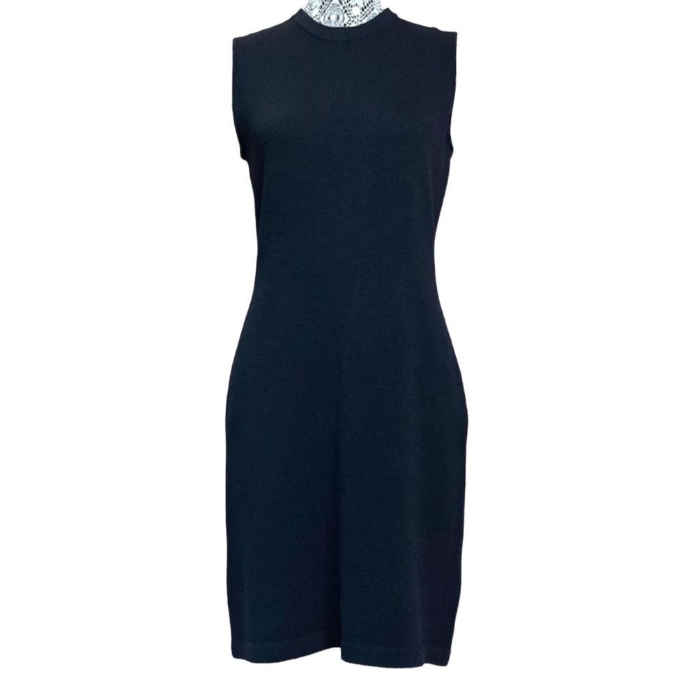 ST. JOHN Black Santana Knit Sheath Dress Sleeveless Mock Neck size 4